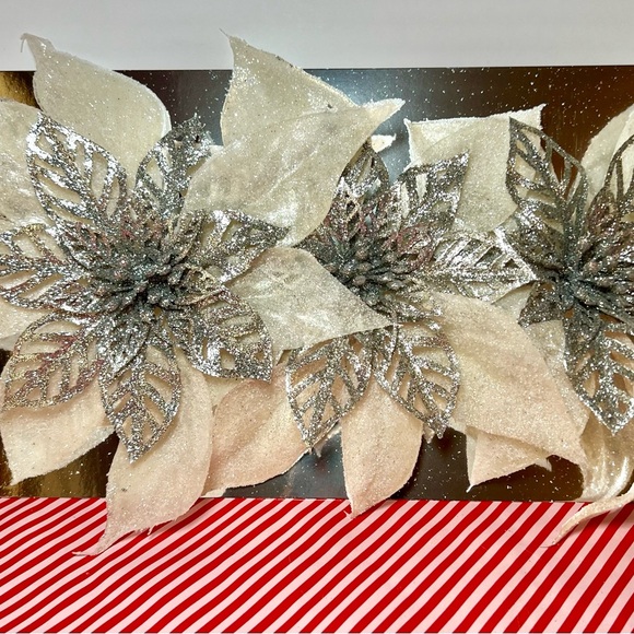country silk inc Other - 3 Elegant Large Antique White Silver Poinsettia Clip On Ornaments Christmas